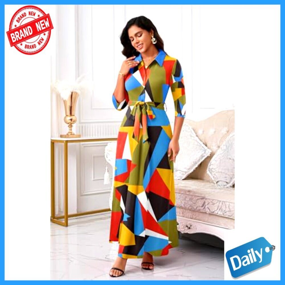 Floral Print Maxi Dress 3/4 Sleeve Button Down Elegant Office Church Wear - Picture 5 of 7